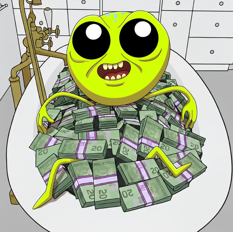 The alien seated in a bathtub filled with banded cash