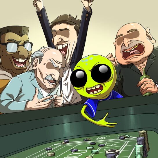 The alien at a craps table surrounded by enthusiastic investors