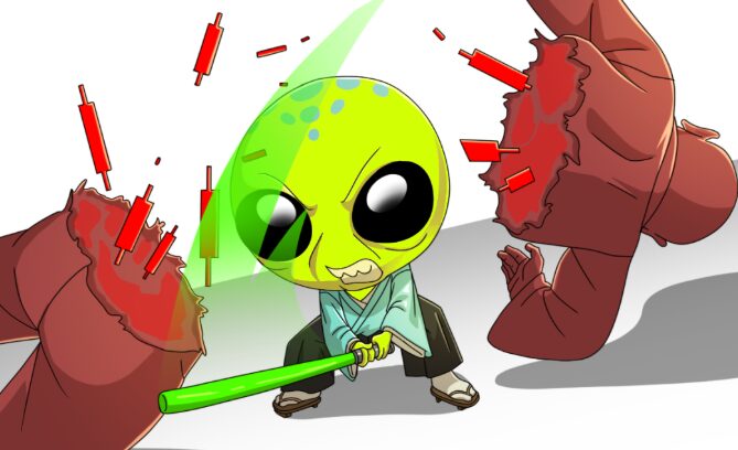 The alien slicing red candles with a katana