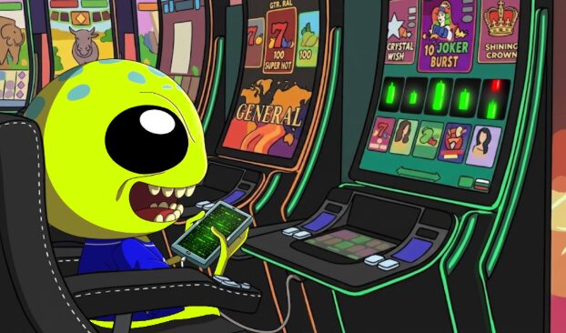 The alien connecting a device to a slot machine
